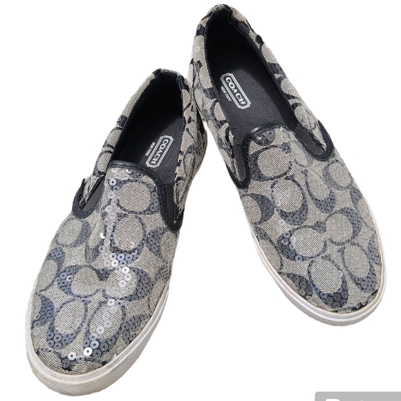 Coach Shoes - Coach Kivy Sequin Slip On Canvas Sneakers Black & signature Coach Logo Size 7B